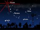 Looking northeast around midnight on August 12-13. The red dot is the Perseid radiant. Although Perseid meteors can appear in any part of the sky, all of their tails will point back to the radiant. [Image courtesy of NASA]